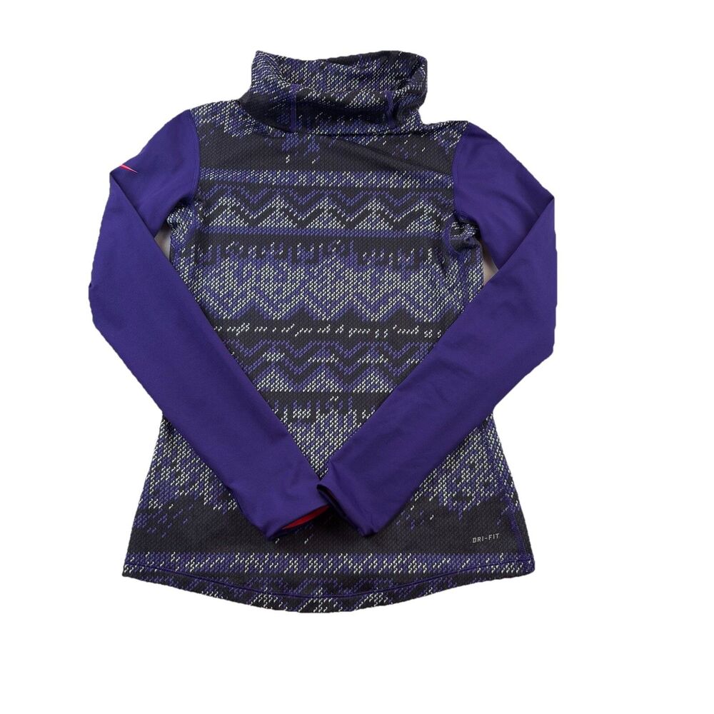 Nike Pro Dri Fit Cowl Neck Pullover Womens M Purple Geometric AOP Thumb Holes